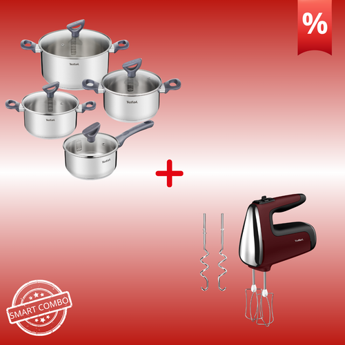 Combo Προσφορά | Tefal Daily Cook σετ 8τμχ κατσαρόλες από Ανοξείδωτο ατσάλι, κατσαρολάκι γάλακτος 16εκ, κατσαρόλες 18/20/24εκ+καπάκια G712S8 & Tefal PowerMix Silence Μίξερ χειρός HT652538